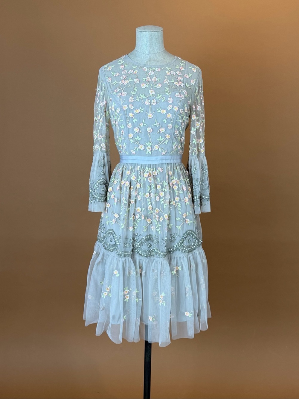 Needle & Thread Gray Floral Embroidered Midi Dress